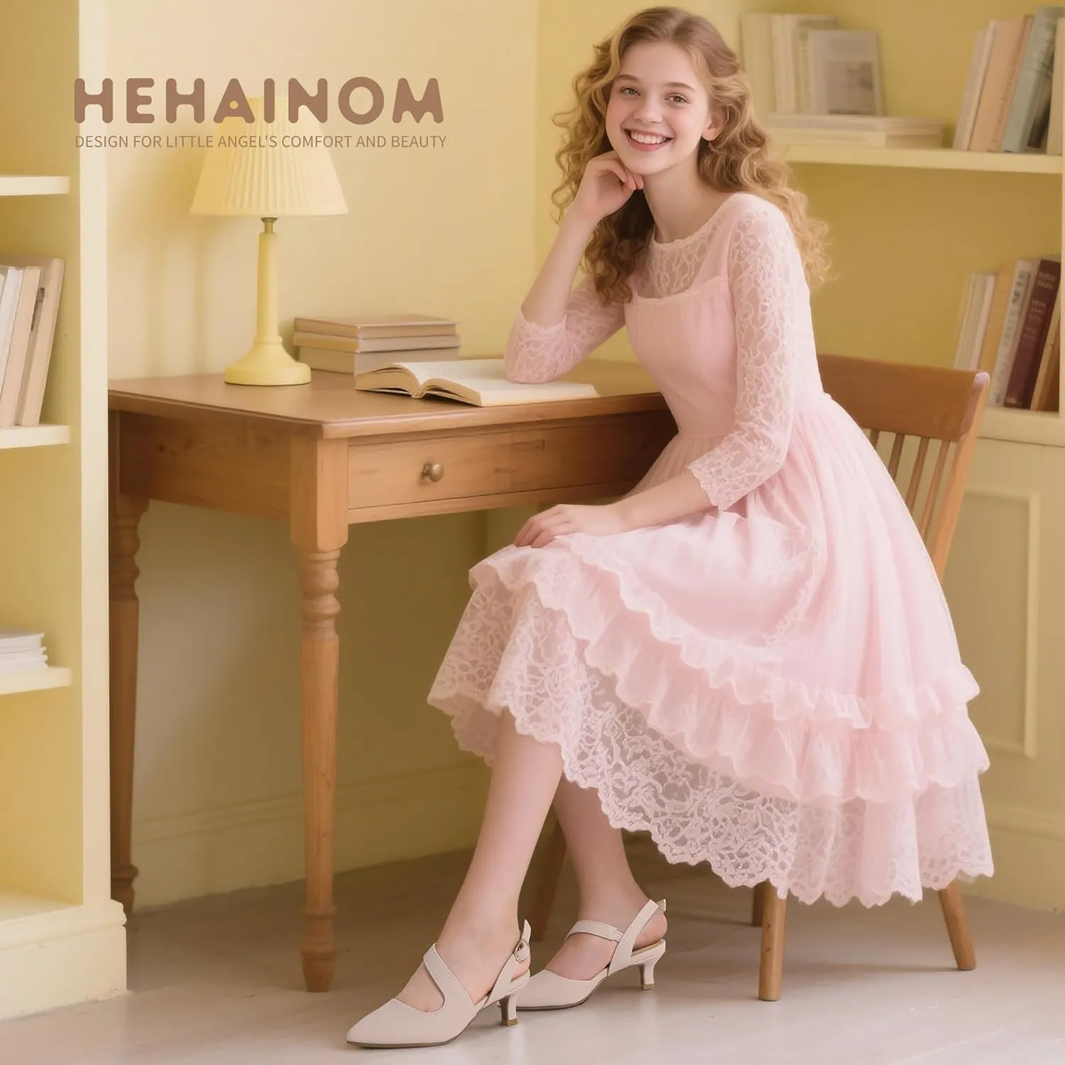 Hehainom Girls Dress Shoes Kitten Heels Sandals Little Big Kids Pointed Toe Slingback Wedding Party Pumps Shoes