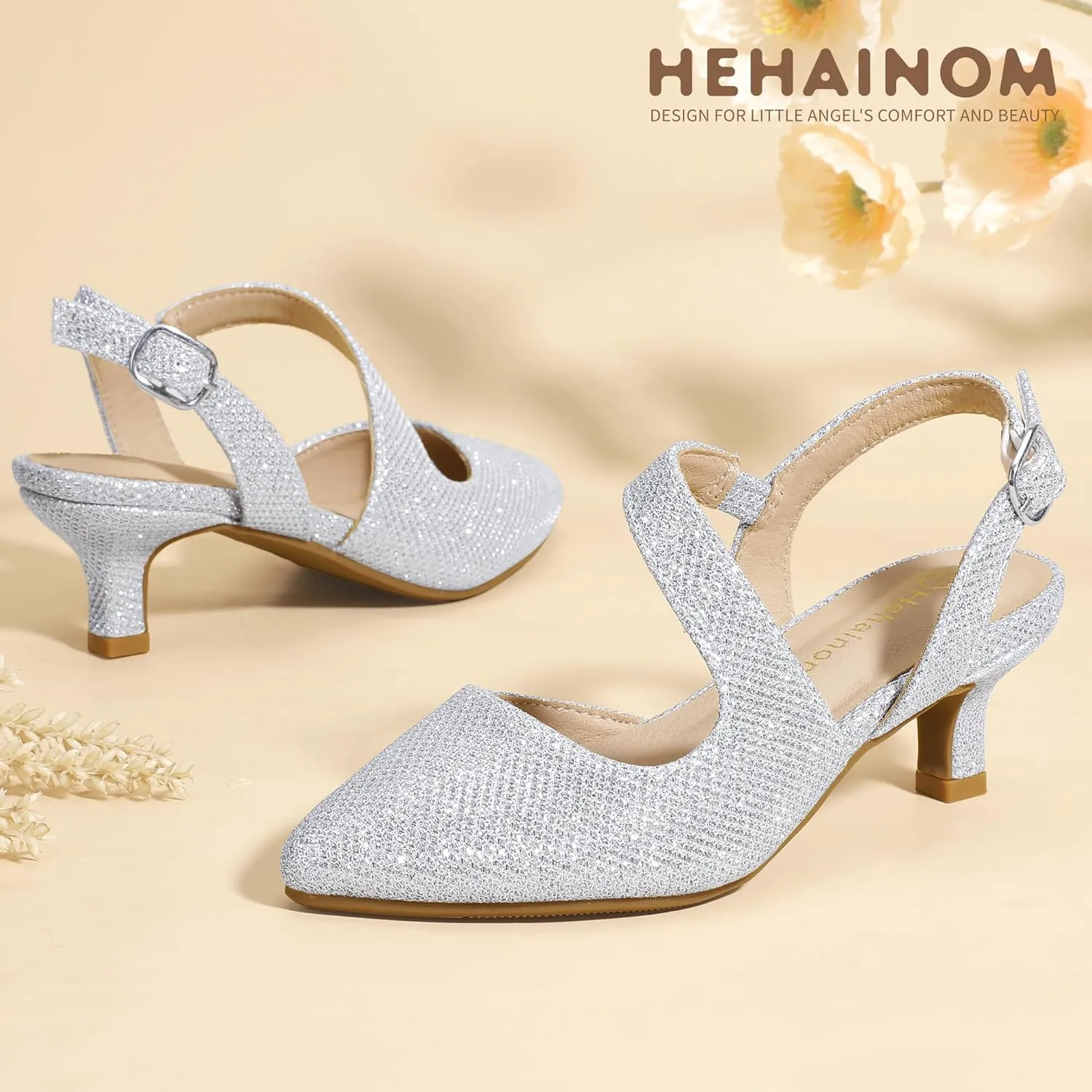 Hehainom Girls Dress Shoes Kitten Heels Sandals Little Big Kids Pointed Toe Slingback Wedding Party Pumps Shoes