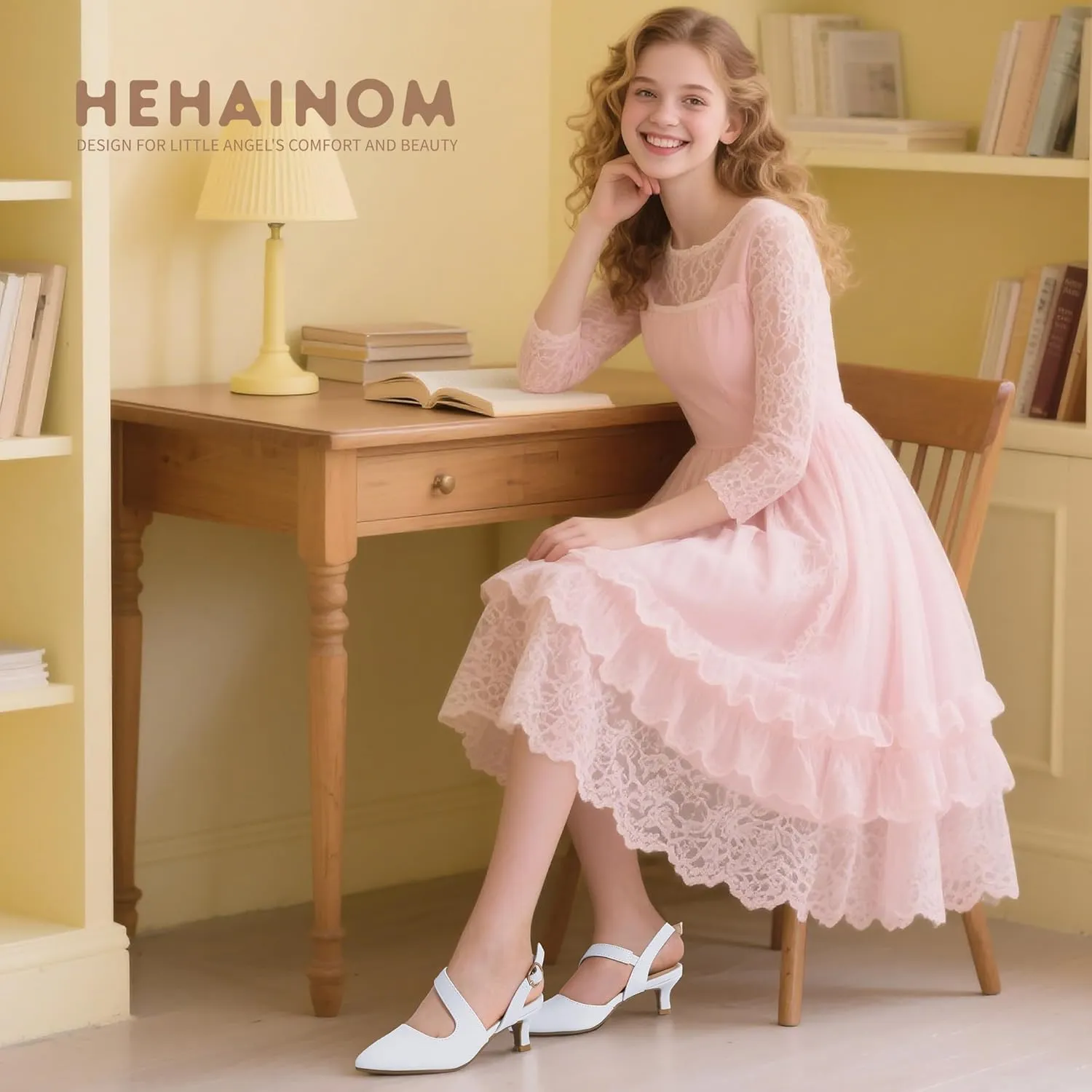 Hehainom Girls Dress Shoes Kitten Heels Sandals Little Big Kids Pointed Toe Slingback Wedding Party Pumps Shoes
