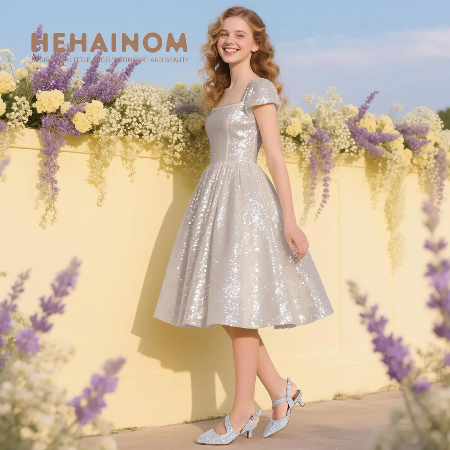 Hehainom Girls Dress Shoes Kitten Heels Sandals Little Big Kids Pointed Toe Slingback Wedding Party Pumps Shoes