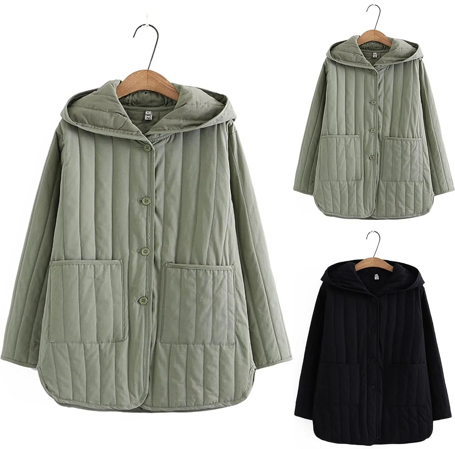 HGps8w Hooded Quilted Puffer Jackets for Women Button Up Lightweight Versatile Loose Warm Winter Down Coats Outerwear