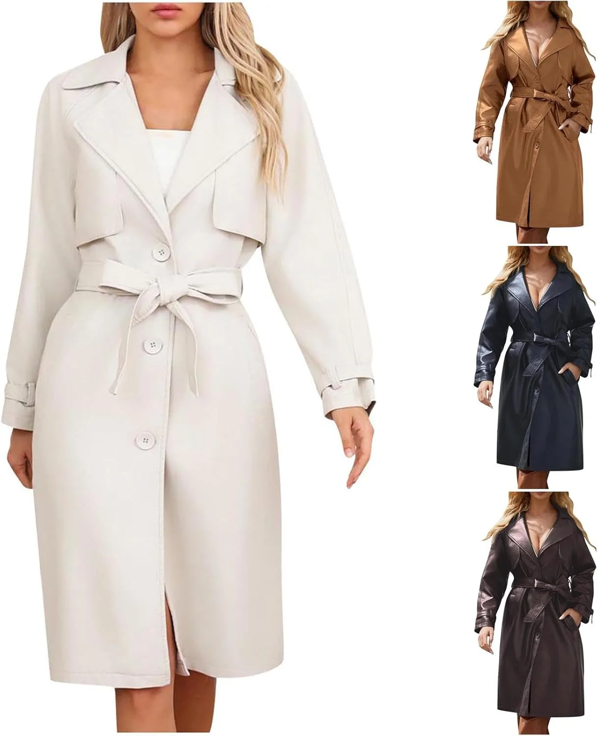 HGps8w Long PU Leather Jackets for Women Elegant Lapel Collar Trench Coat Windproof Overcoat with Belt & Pockets