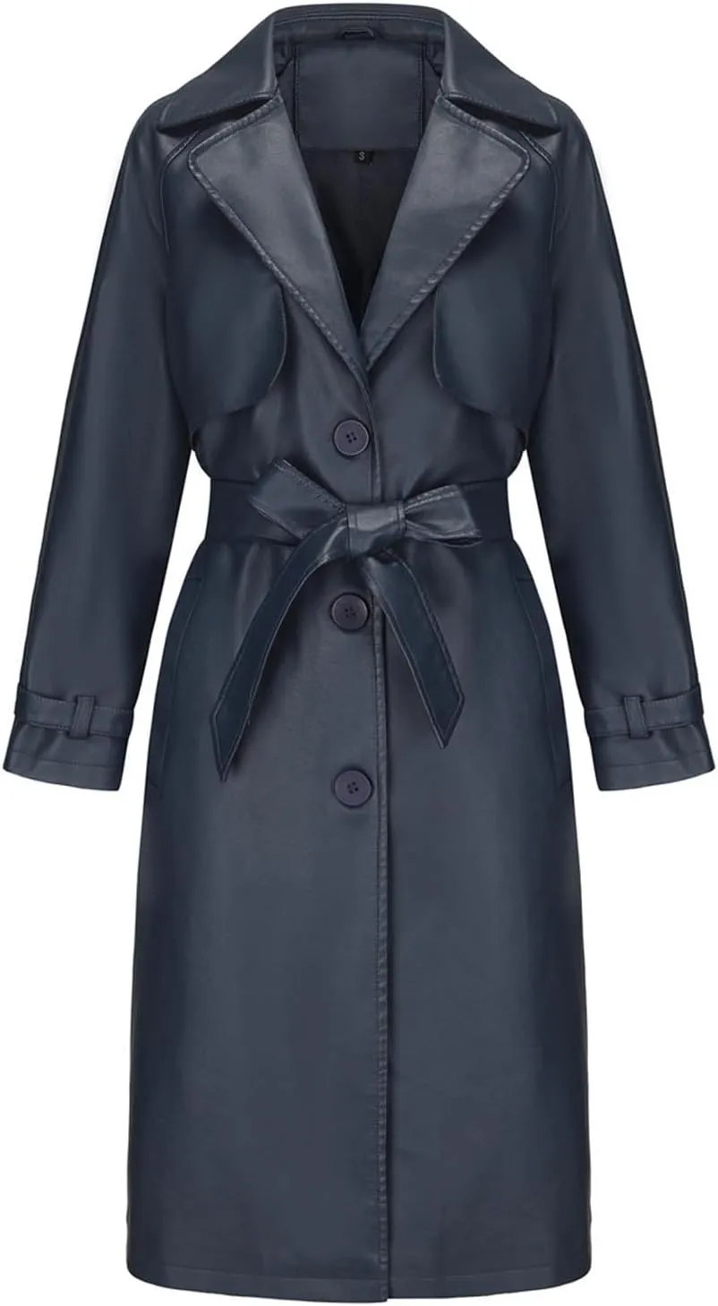 HGps8w Long PU Leather Jackets for Women Elegant Lapel Collar Trench Coat Windproof Overcoat with Belt & Pockets