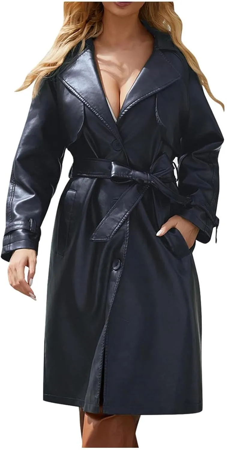 HGps8w Long PU Leather Jackets for Women Elegant Lapel Collar Trench Coat Windproof Overcoat with Belt & Pockets