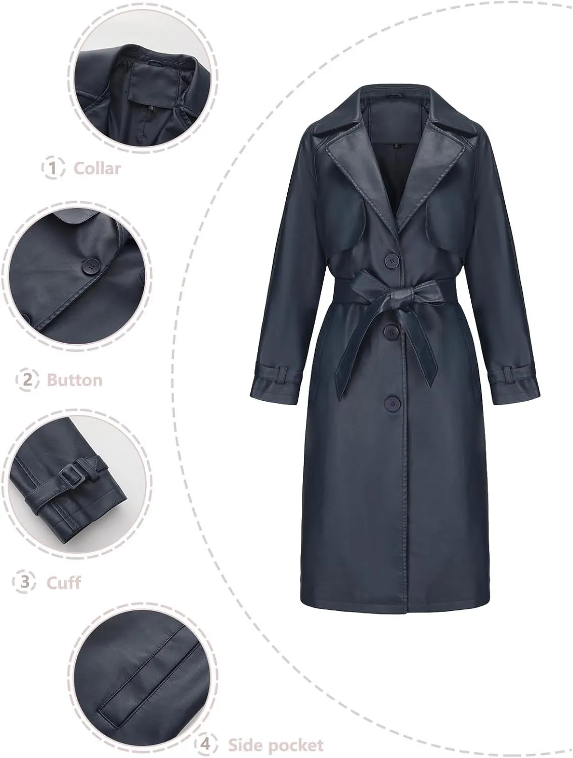 HGps8w Long PU Leather Jackets for Women Elegant Lapel Collar Trench Coat Windproof Overcoat with Belt & Pockets