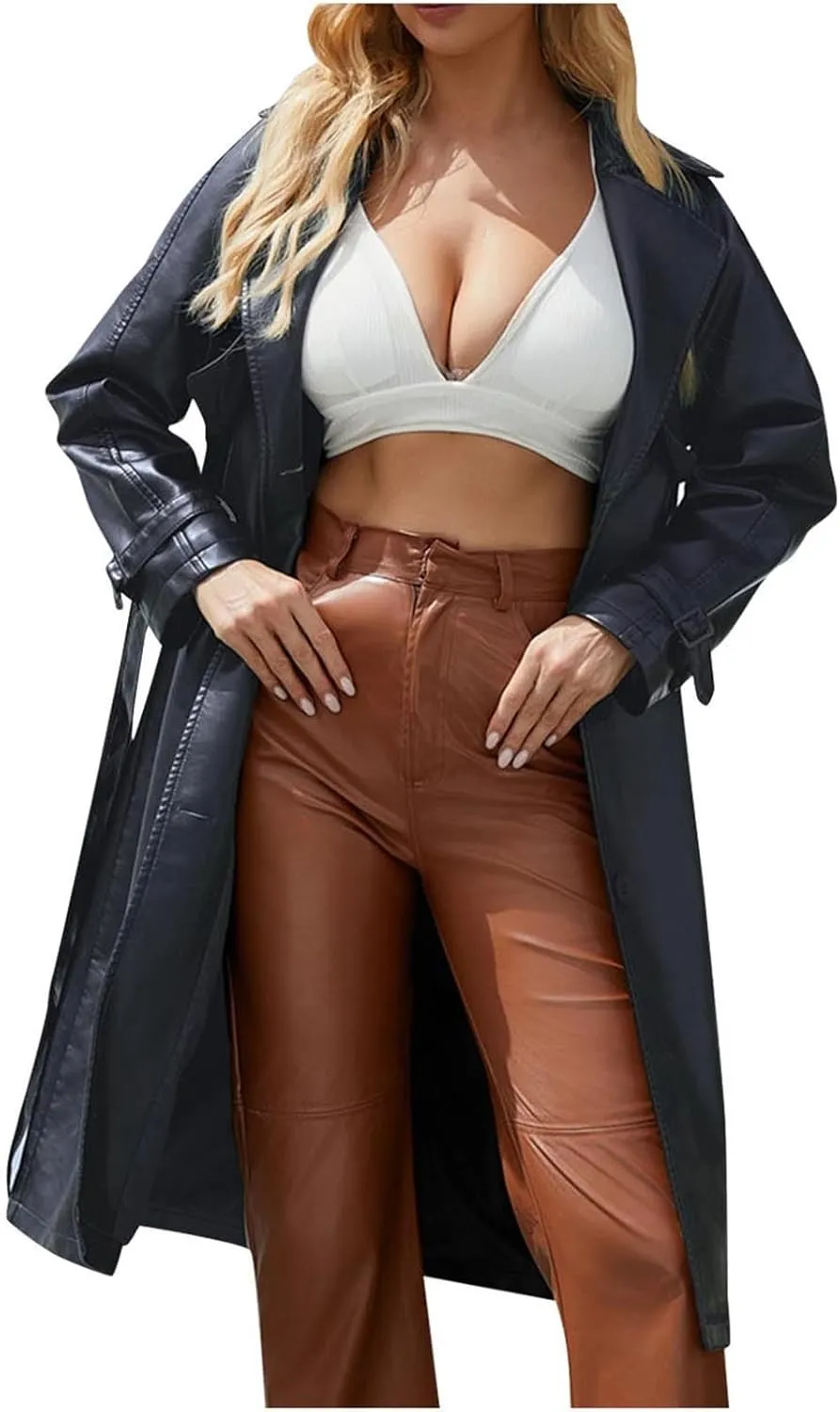 HGps8w Long PU Leather Jackets for Women Elegant Lapel Collar Trench Coat Windproof Overcoat with Belt & Pockets