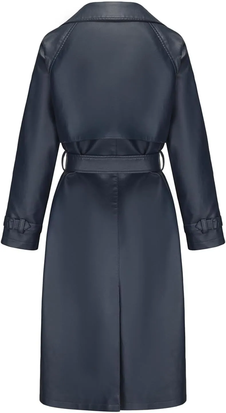 HGps8w Long PU Leather Jackets for Women Elegant Lapel Collar Trench Coat Windproof Overcoat with Belt & Pockets