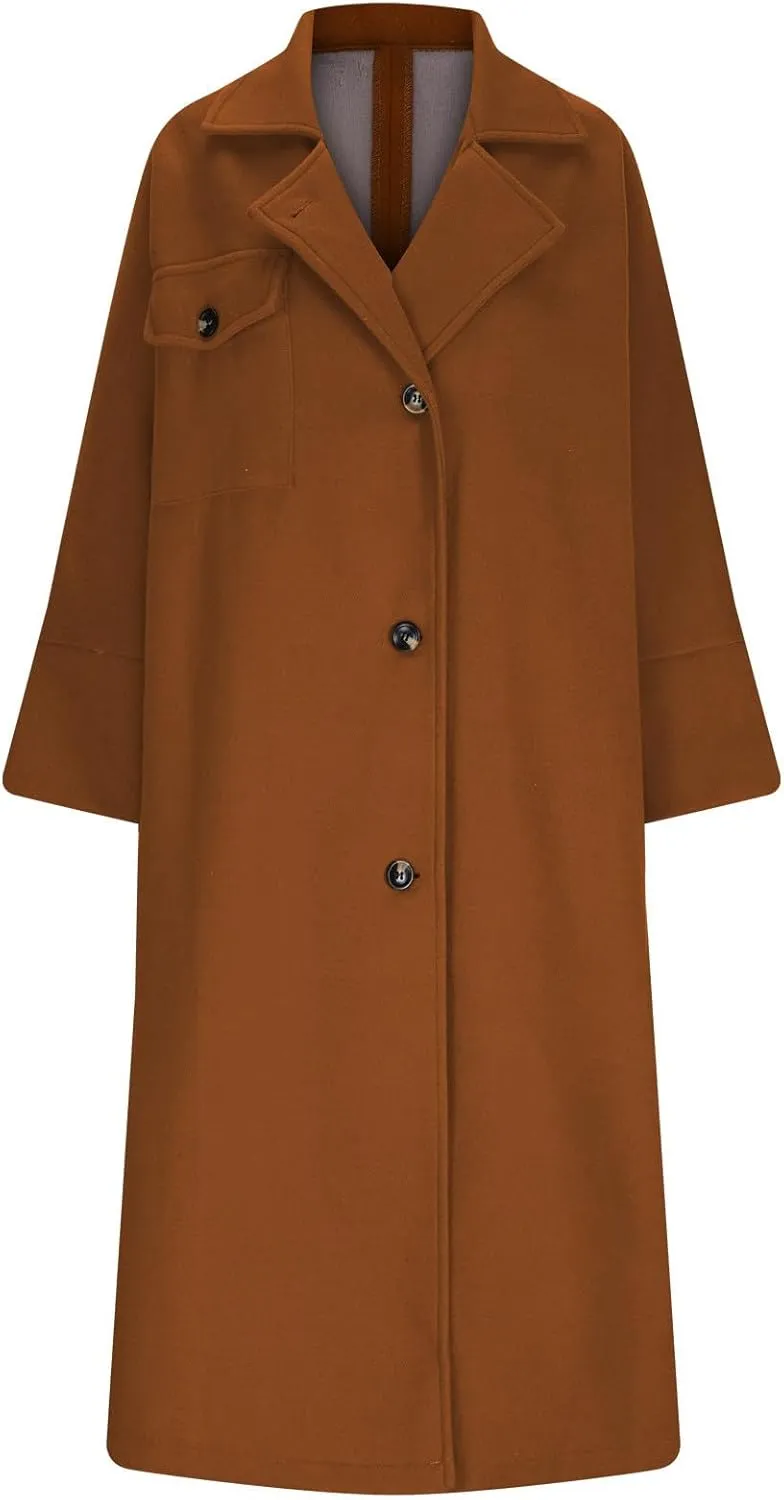 HGps8w Mid-Long Wool Blend Trench Coat for Women Notch Lapel Loose Elegant Winter Pea Coat Outerwear Jackets