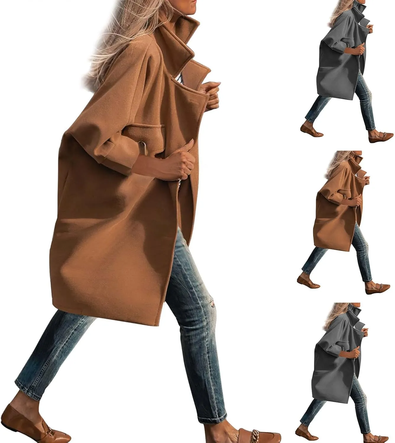 HGps8w Mid-Long Wool Blend Trench Coat for Women Notch Lapel Loose Elegant Winter Pea Coat Outerwear Jackets