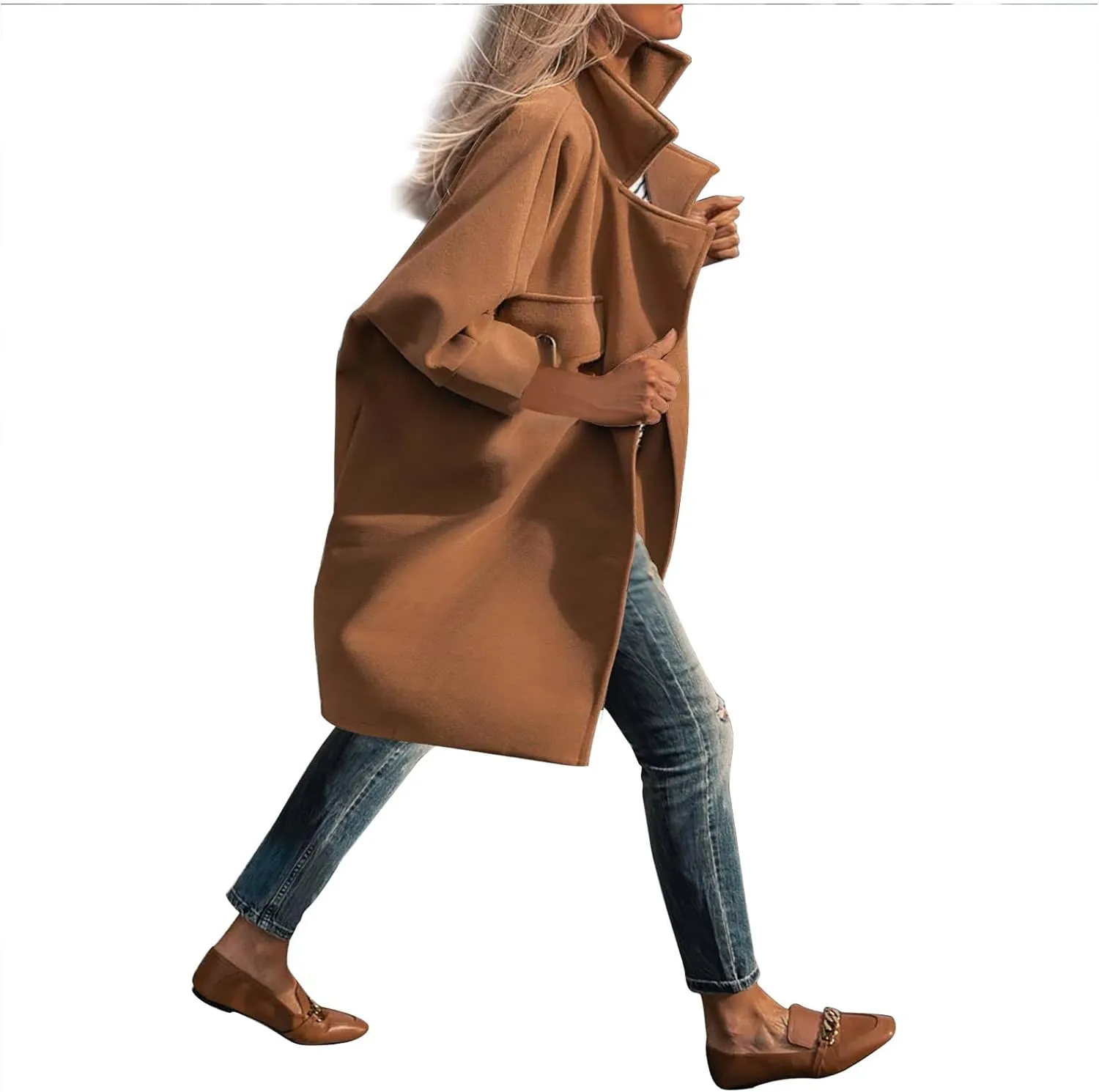 HGps8w Mid-Long Wool Blend Trench Coat for Women Notch Lapel Loose Elegant Winter Pea Coat Outerwear Jackets