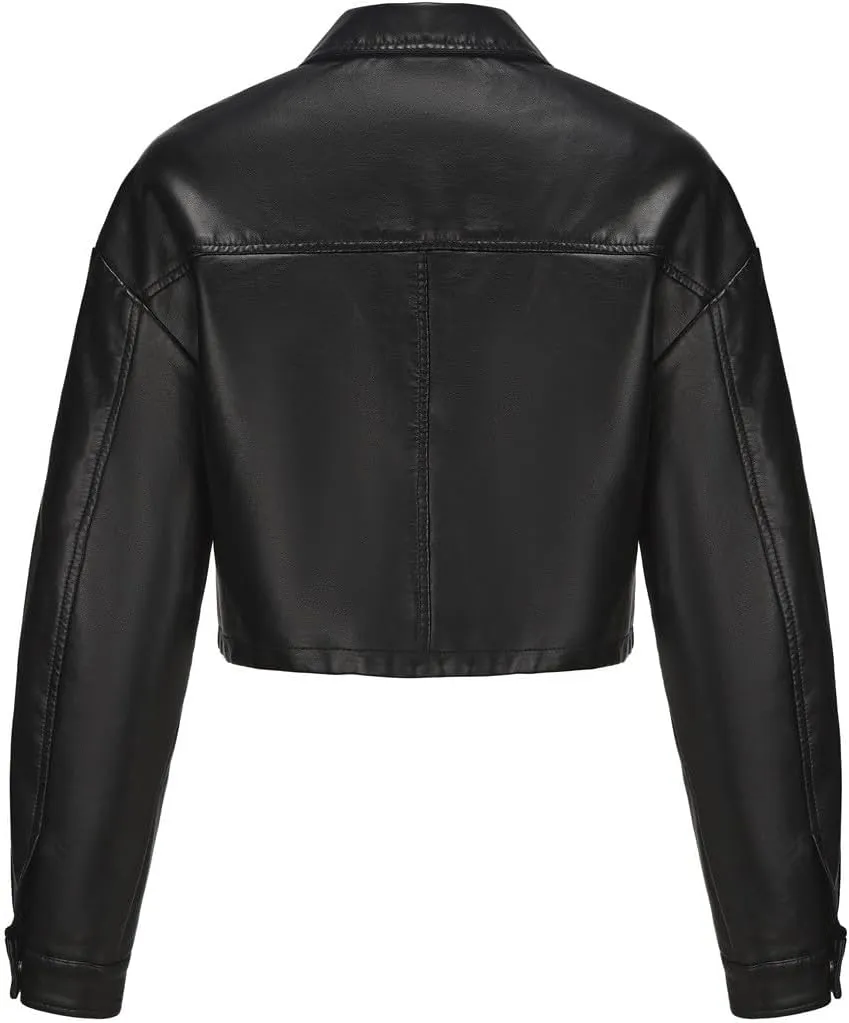 HGps8w Women's Cropped Faux Leather Jacket, Chic Lapel Casual Button Down PU Moto Bike Coat Outwear with Pockets