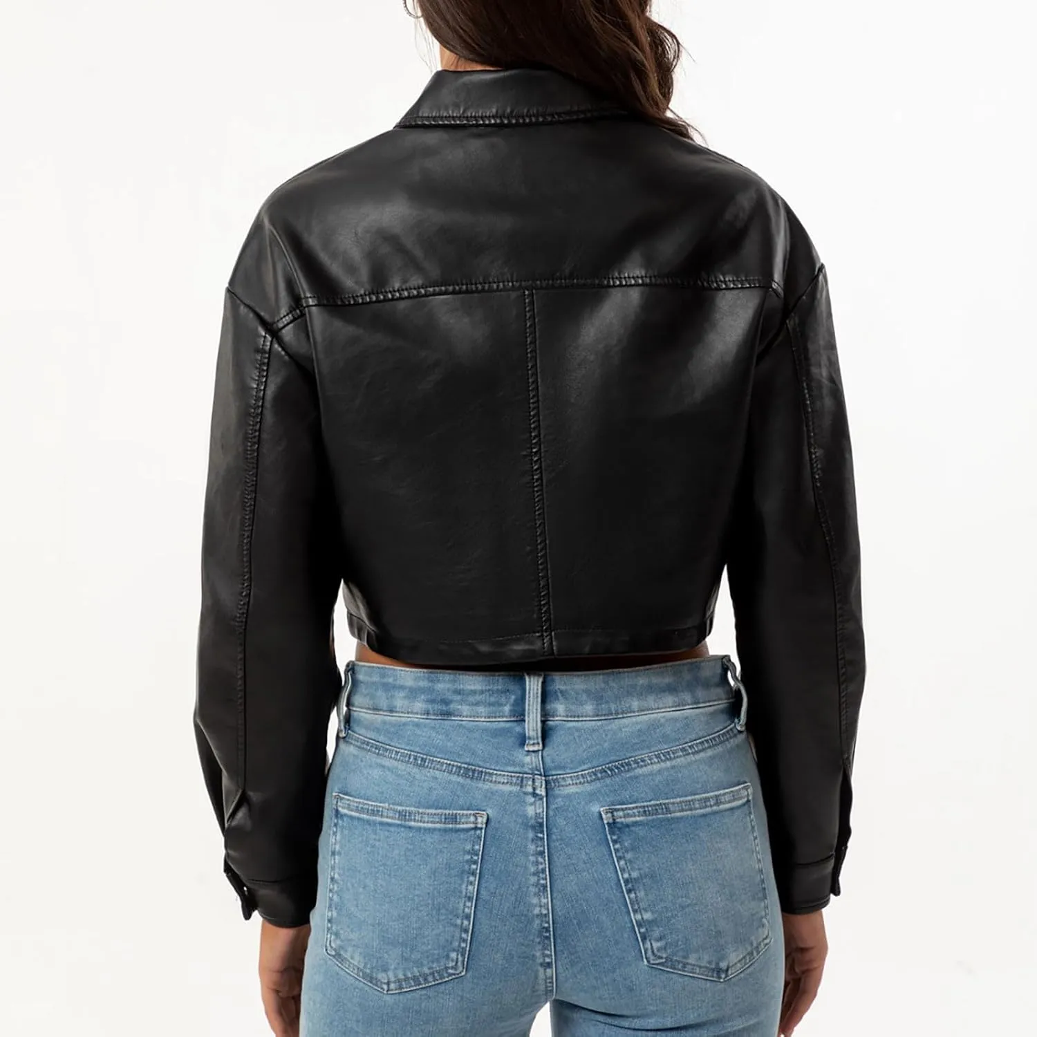 HGps8w Women's Cropped Faux Leather Jacket, Chic Lapel Casual Button Down PU Moto Bike Coat Outwear with Pockets