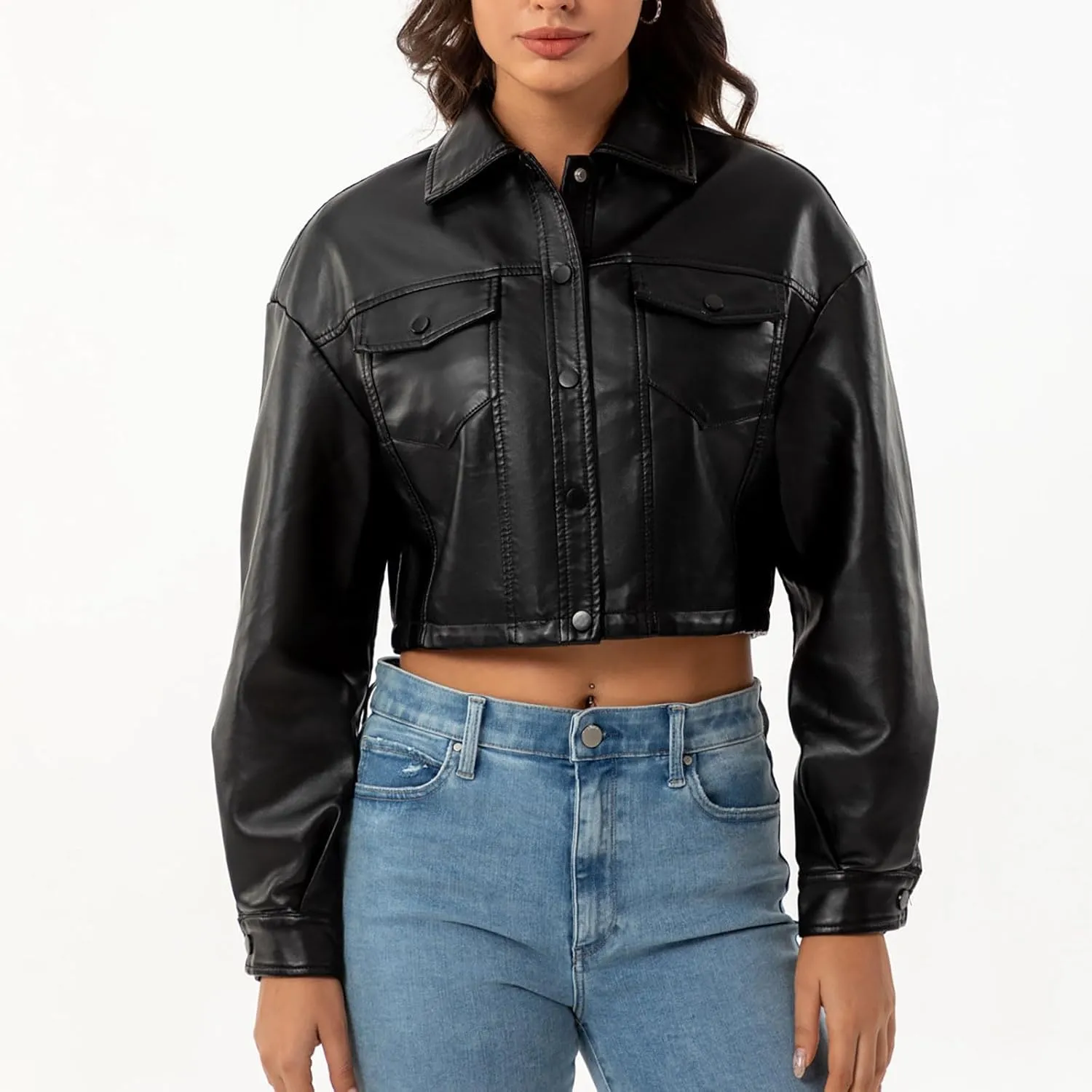 HGps8w Women's Cropped Faux Leather Jacket, Chic Lapel Casual Button Down PU Moto Bike Coat Outwear with Pockets