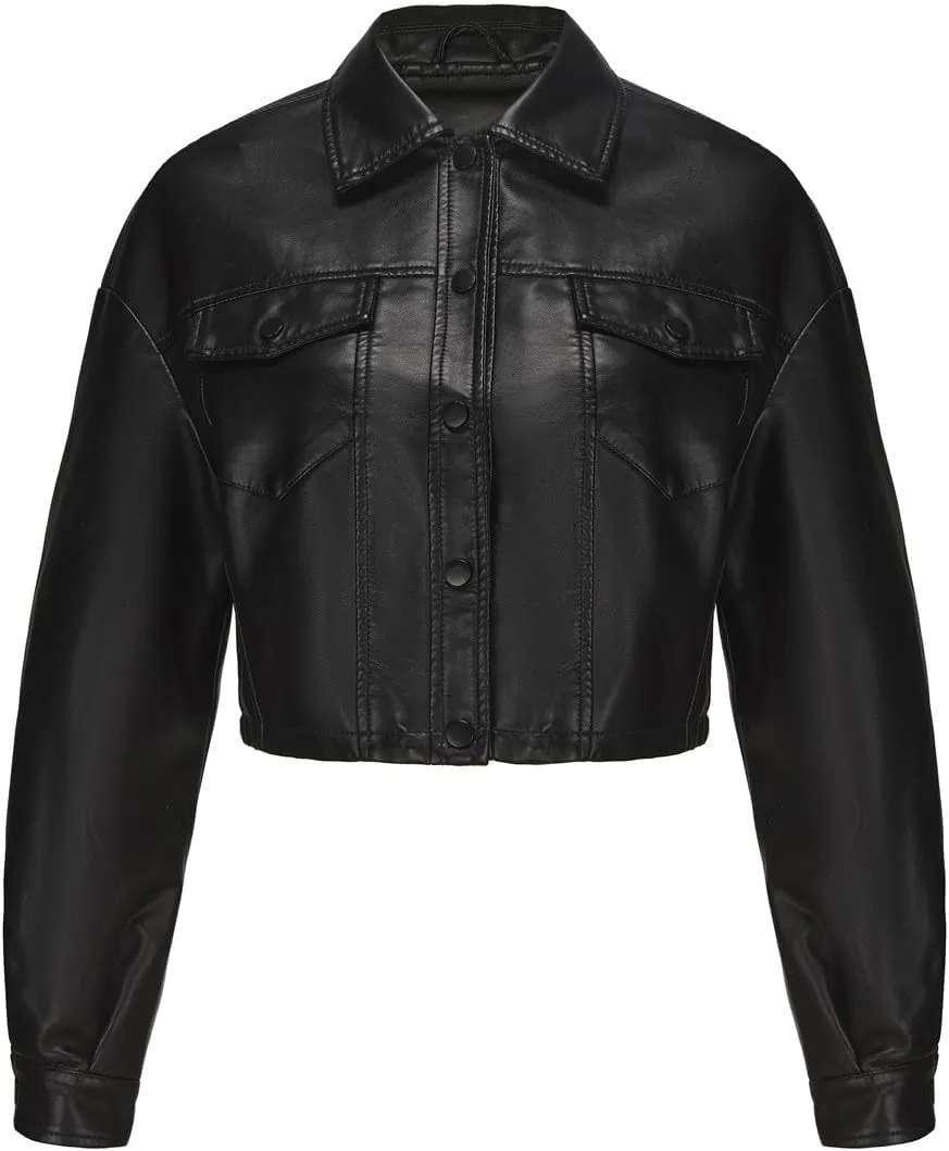 HGps8w Women's Cropped Faux Leather Jacket, Chic Lapel Casual Button Down PU Moto Bike Coat Outwear with Pockets