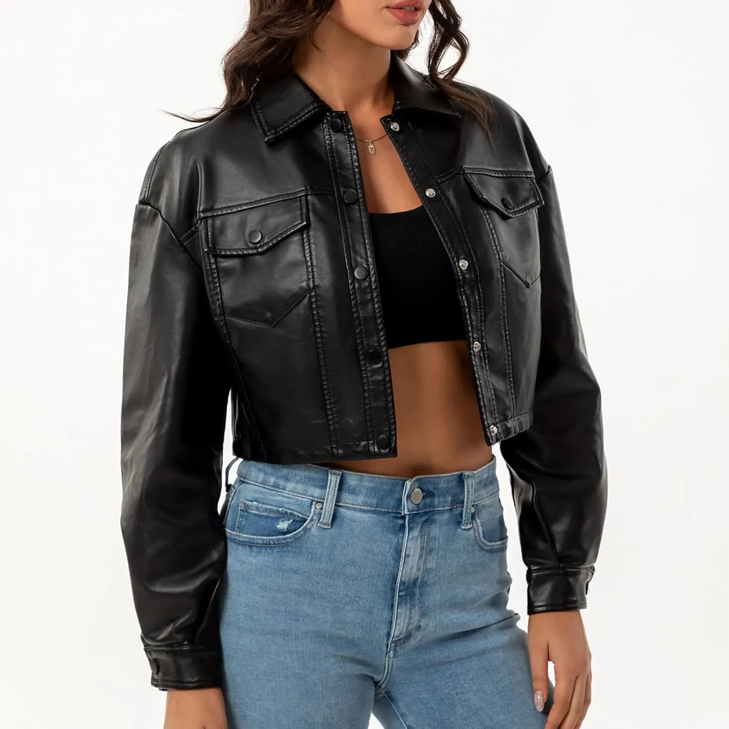 HGps8w Women's Cropped Faux Leather Jacket, Chic Lapel Casual Button Down PU Moto Bike Coat Outwear with Pockets
