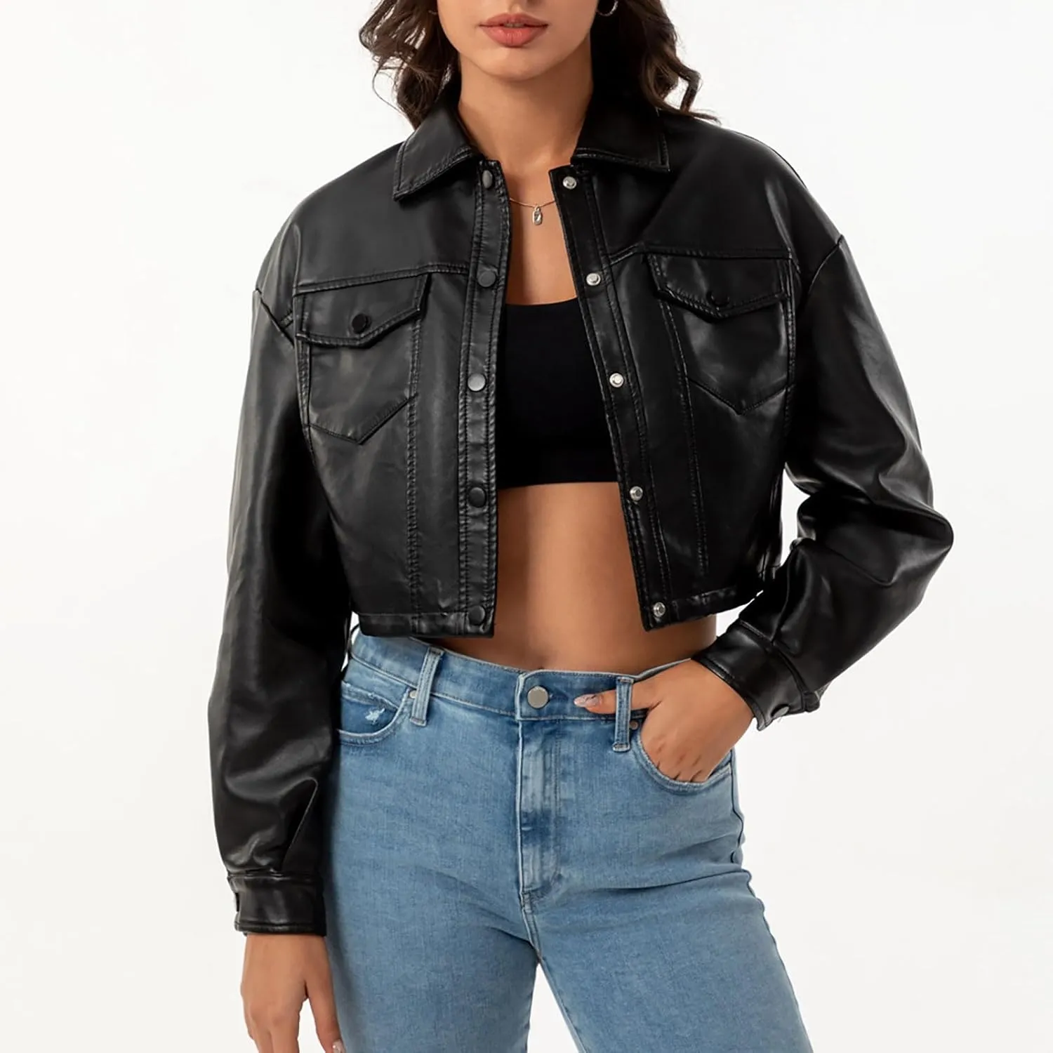 HGps8w Women's Cropped Faux Leather Jacket, Chic Lapel Casual Button Down PU Moto Bike Coat Outwear with Pockets