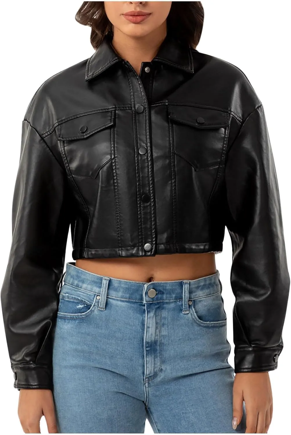HGps8w Women's Cropped Faux Leather Jacket, Chic Lapel Casual Button Down PU Moto Bike Coat Outwear with Pockets