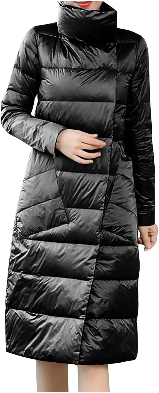HGps8w Women's Long Puffer Jacket Stand Collar Casual Quilted Warm Long Sleeve Padded Down Coats Thickened Winter Outerwear