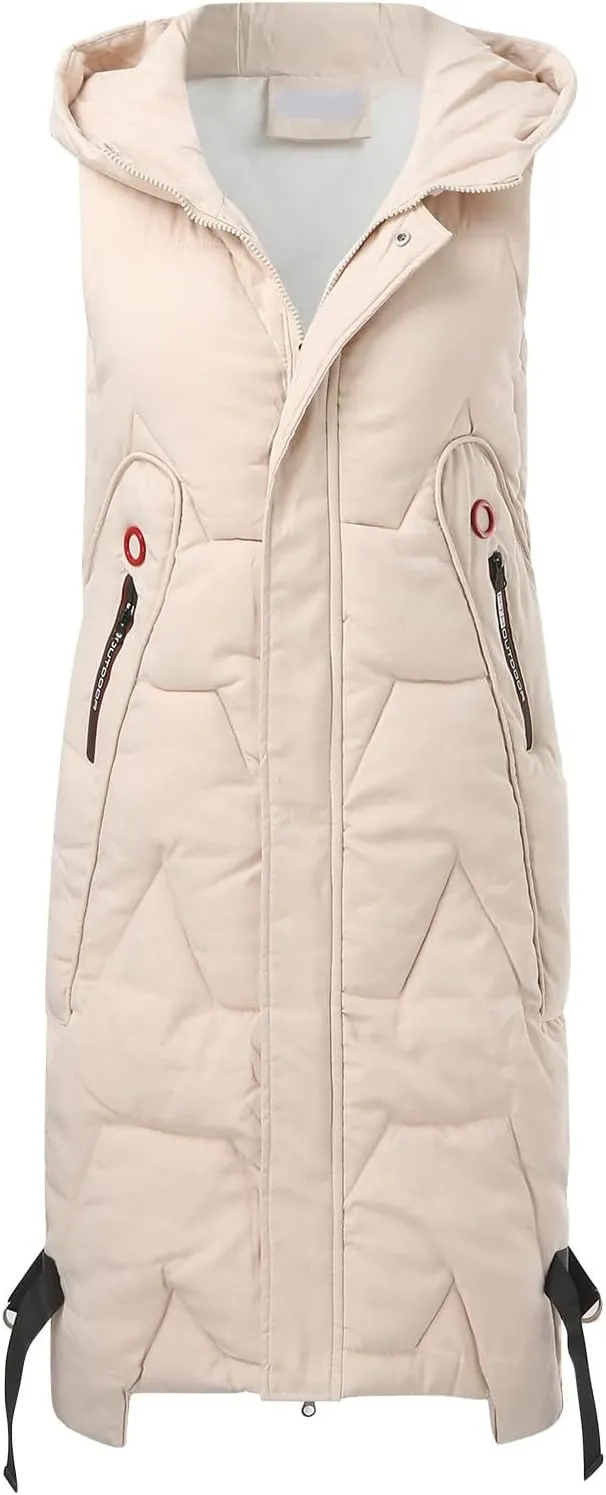 HGps8w Women's Puffer Vest, 2025 Fall Winter Quilted Zipper Coats Sleeveless Hooded Jacket Outdoor Warm Mid-Long Down Parkas