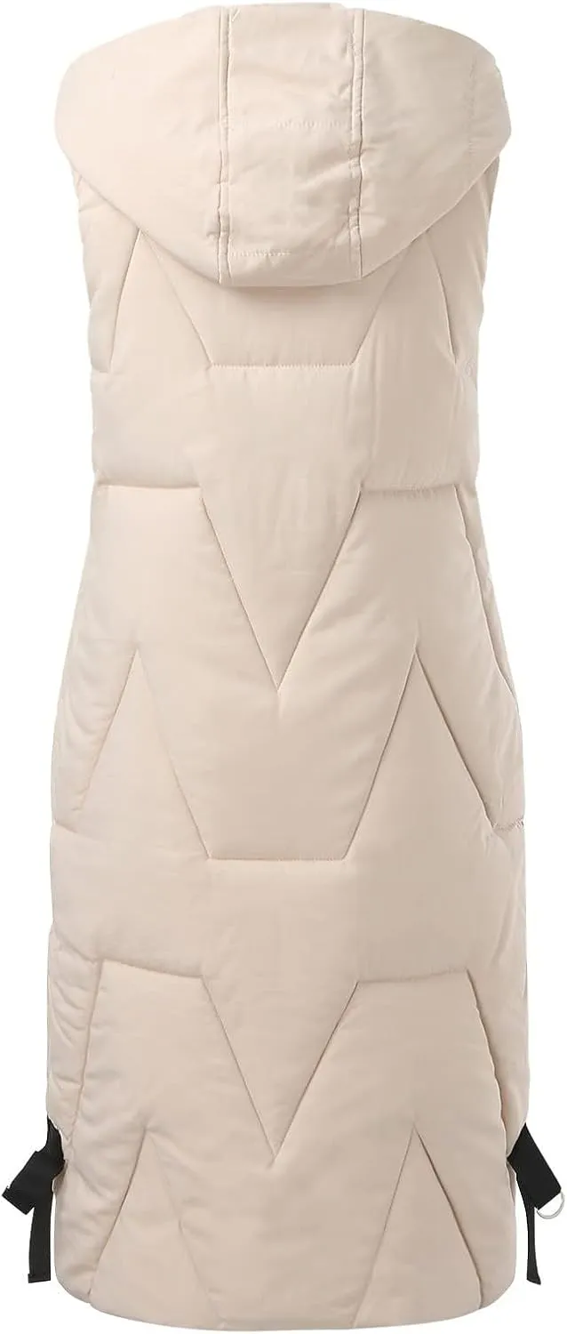 HGps8w Women's Puffer Vest, 2025 Fall Winter Quilted Zipper Coats Sleeveless Hooded Jacket Outdoor Warm Mid-Long Down Parkas