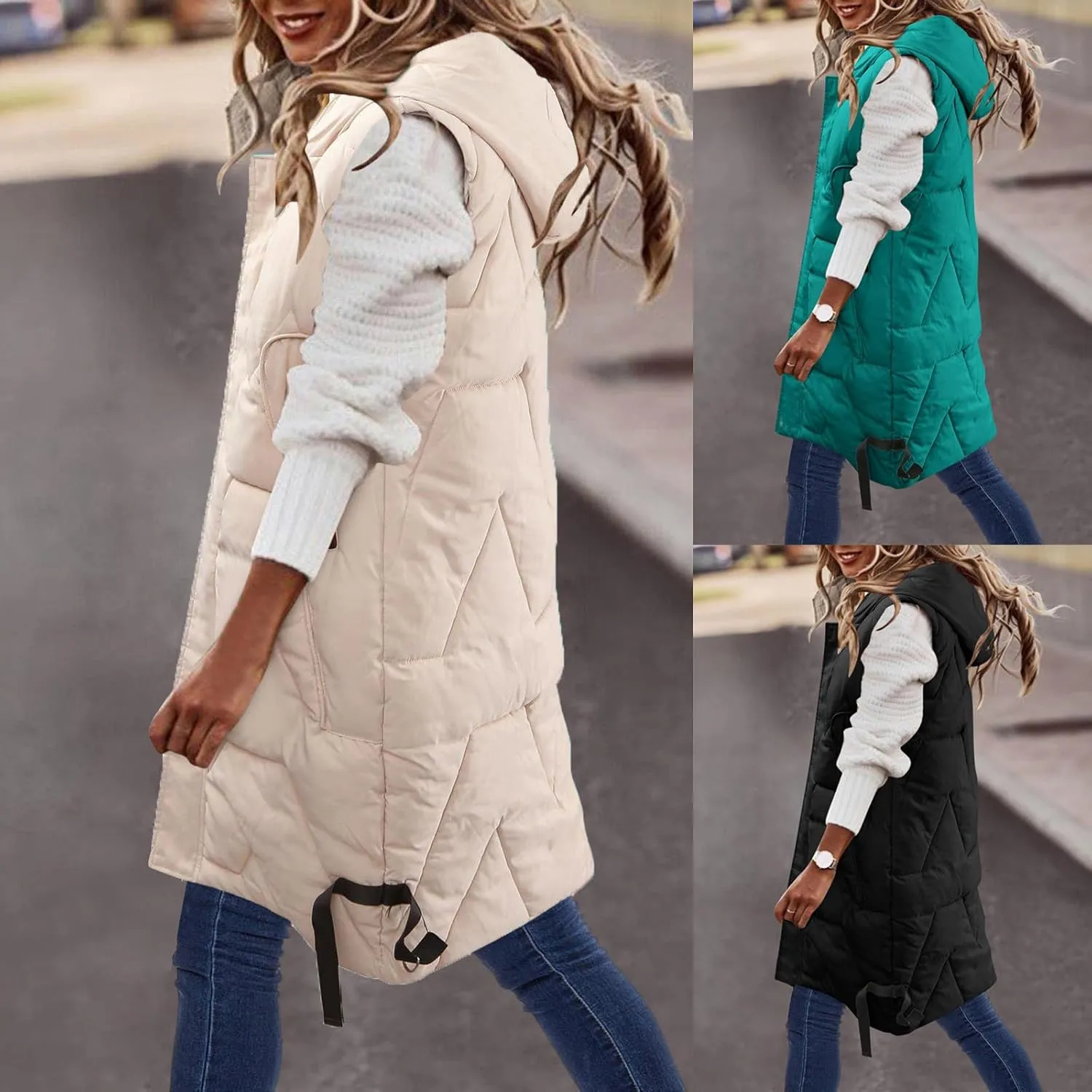 HGps8w Women's Puffer Vest, 2025 Fall Winter Quilted Zipper Coats Sleeveless Hooded Jacket Outdoor Warm Mid-Long Down Parkas