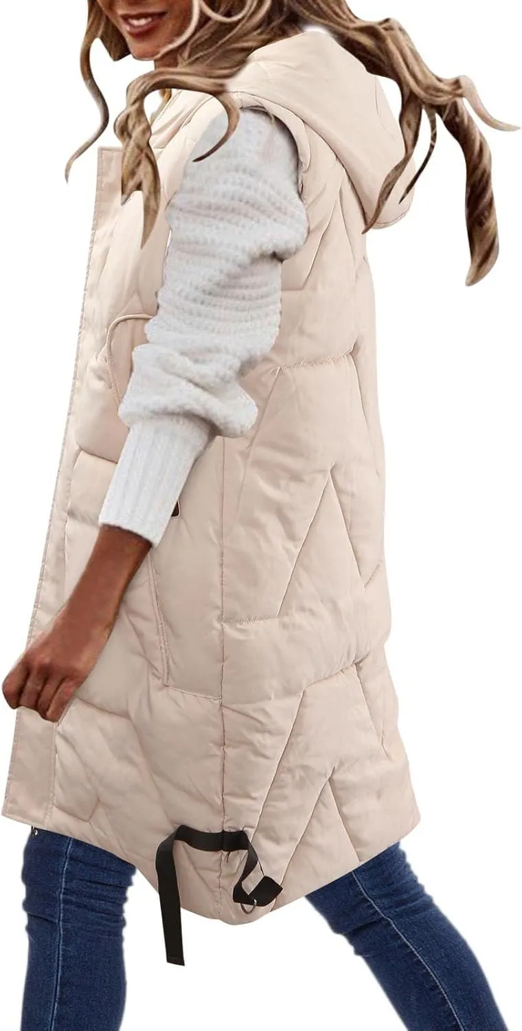 HGps8w Women's Puffer Vest, 2025 Fall Winter Quilted Zipper Coats Sleeveless Hooded Jacket Outdoor Warm Mid-Long Down Parkas