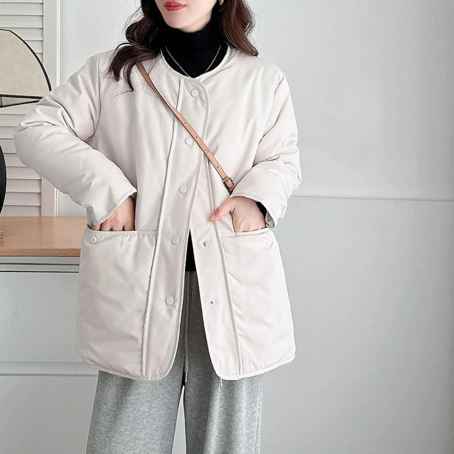 HGps8w Women's Winter Down Coat, Loose Fit Casual Long Sleeve Padded Puffer Jacket Outerwear with Pockets