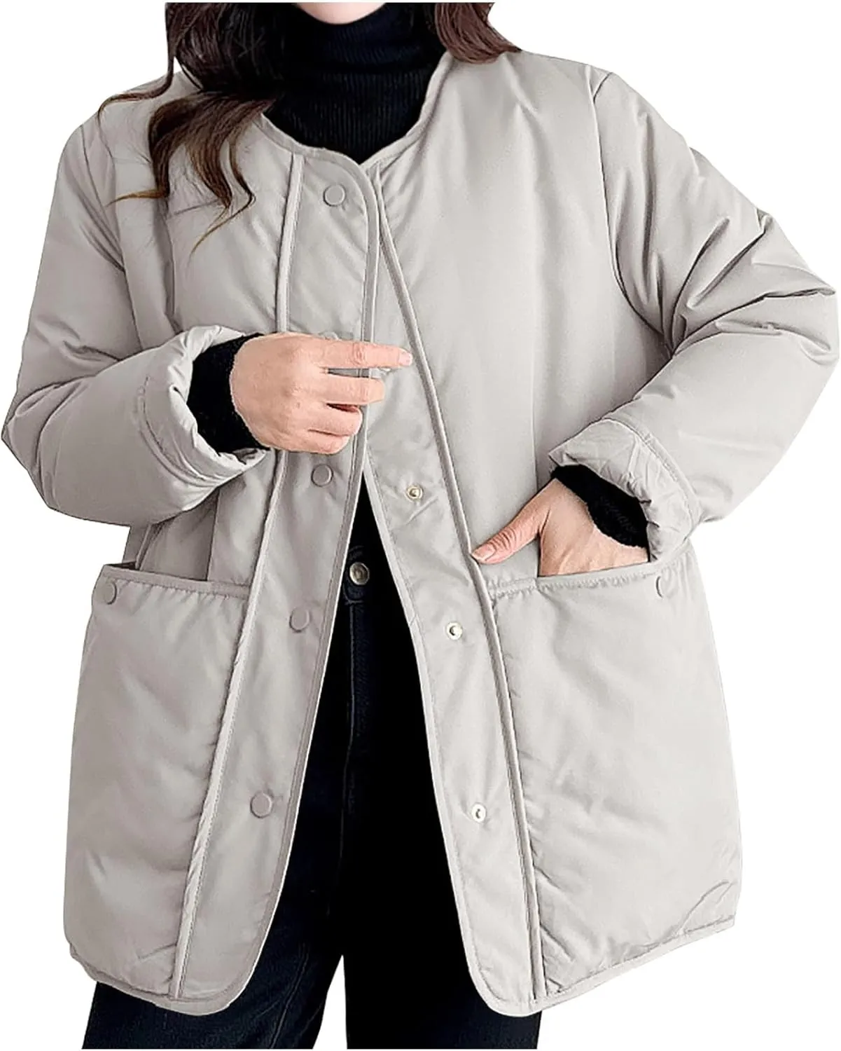 HGps8w Women's Winter Down Coat, Loose Fit Casual Long Sleeve Padded Puffer Jacket Outerwear with Pockets