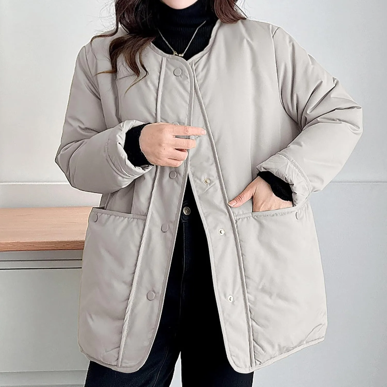 HGps8w Women's Winter Down Coat, Loose Fit Casual Long Sleeve Padded Puffer Jacket Outerwear with Pockets