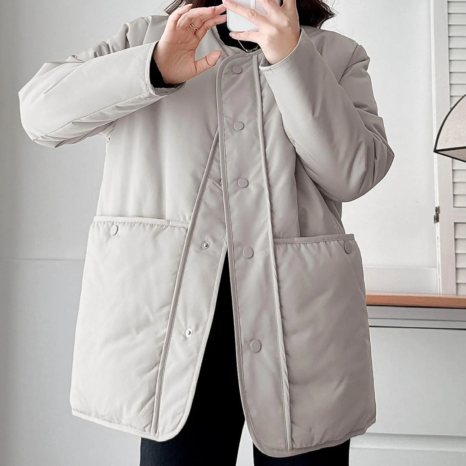 HGps8w Women's Winter Down Coat, Loose Fit Casual Long Sleeve Padded Puffer Jacket Outerwear with Pockets