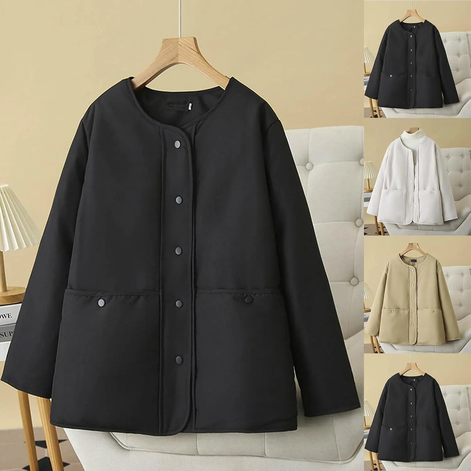 HGps8w Women's Winter Down Coat, Loose Fit Casual Long Sleeve Padded Puffer Jacket Outerwear with Pockets