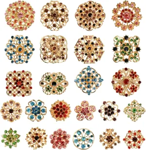 Hiceeden 24 Pieces Flower Golden Brooches Pins, Small Shining Rhinestone Colorful Brooch Gift for Women, Wedding Decoration
