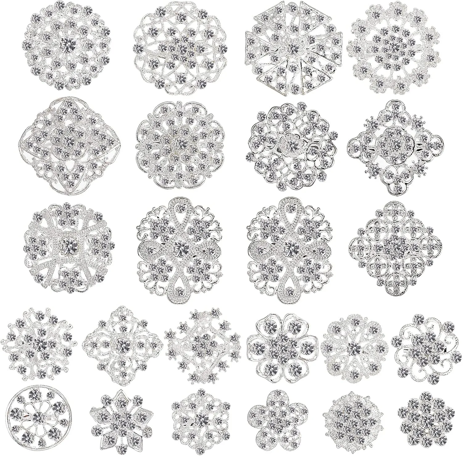 Hiceeden Lot 24 Pcs Crystal Brooches Pins, Silver Shining Clear Rhinestone Brooches Flower Jewelry Bridal Wedding Bouquet Kit Gift for Girls, Women, DIY Decoration