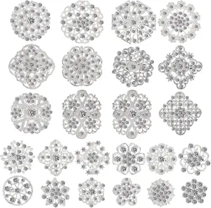 Hiceeden Lot 24 Pcs Crystal Brooches Pins, Silver Shining Clear Rhinestone Brooches Flower Jewelry Bridal Wedding Bouquet Kit Gift for Girls, Women, DIY Decoration