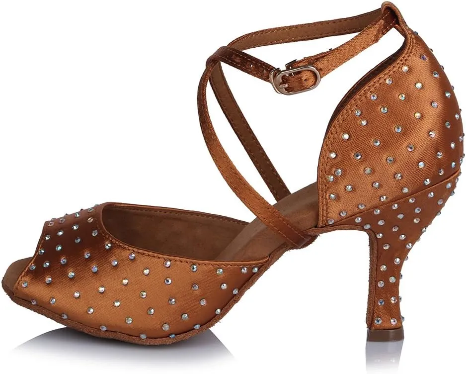 HIPPOSEUS Women's Latin Dance Shoes Ballroom Dancing Shoes with Rhinestone,Model CT466