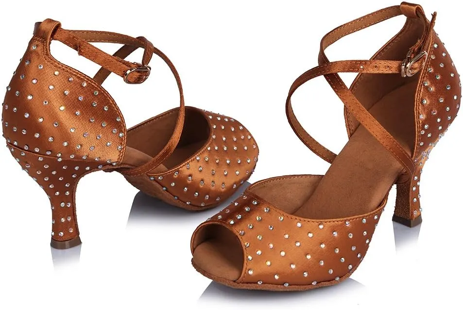 HIPPOSEUS Women's Latin Dance Shoes Ballroom Dancing Shoes with Rhinestone,Model CT466