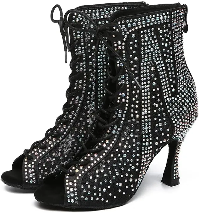 HROYL Women's Ballroom Latin Salsa Dance Shoes Rhinestones Lace-up Open-Toe Heeled Ankel Dance Boots with Mesh Lace,Model YCL485