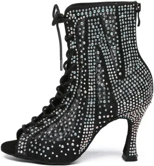 HROYL Women's Ballroom Latin Salsa Dance Shoes Rhinestones Lace-up Open-Toe Heeled Ankel Dance Boots with Mesh Lace,Model YCL485