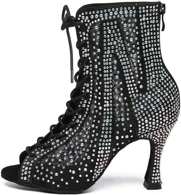 HROYL Women's Ballroom Latin Salsa Dance Shoes Rhinestones Lace-up Open-Toe Heeled Ankel Dance Boots with Mesh Lace,Model YCL485