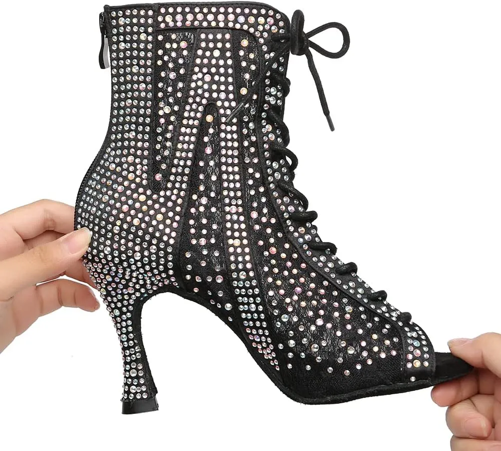 HROYL Women's Ballroom Latin Salsa Dance Shoes Rhinestones Lace-up Open-Toe Heeled Ankel Dance Boots with Mesh Lace,Model YCL485