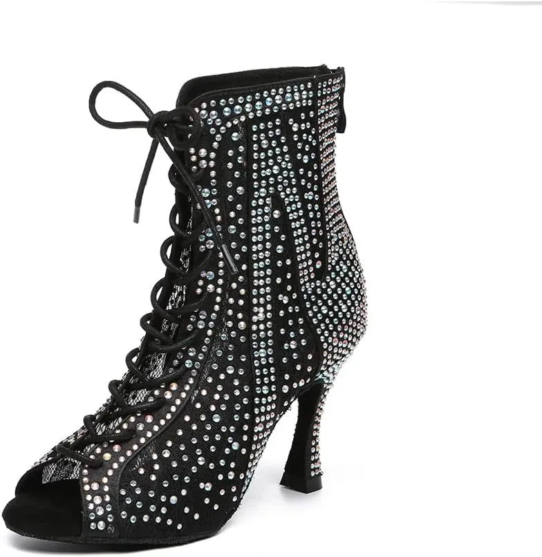 HROYL Women's Ballroom Latin Salsa Dance Shoes Rhinestones Lace-up Open-Toe Heeled Ankel Dance Boots with Mesh Lace,Model YCL485