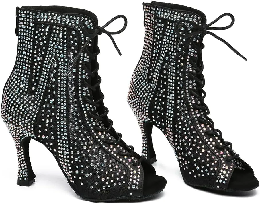 HROYL Women's Ballroom Latin Salsa Dance Shoes Rhinestones Lace-up Open-Toe Heeled Ankel Dance Boots with Mesh Lace,Model YCL485