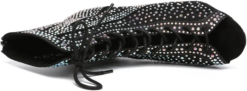 HROYL Women's Ballroom Latin Salsa Dance Shoes Rhinestones Lace-up Open-Toe Heeled Ankel Dance Boots with Mesh Lace,Model YCL485