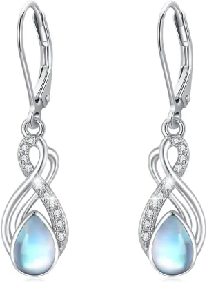 Infinity Earrings 925 Sterling Silver Moonstone Drop Dangle Earrings Infinity Leverback Earrings Faith Hope Jewelry Infinity Symbol Jewelry Halloween Gifts for Women