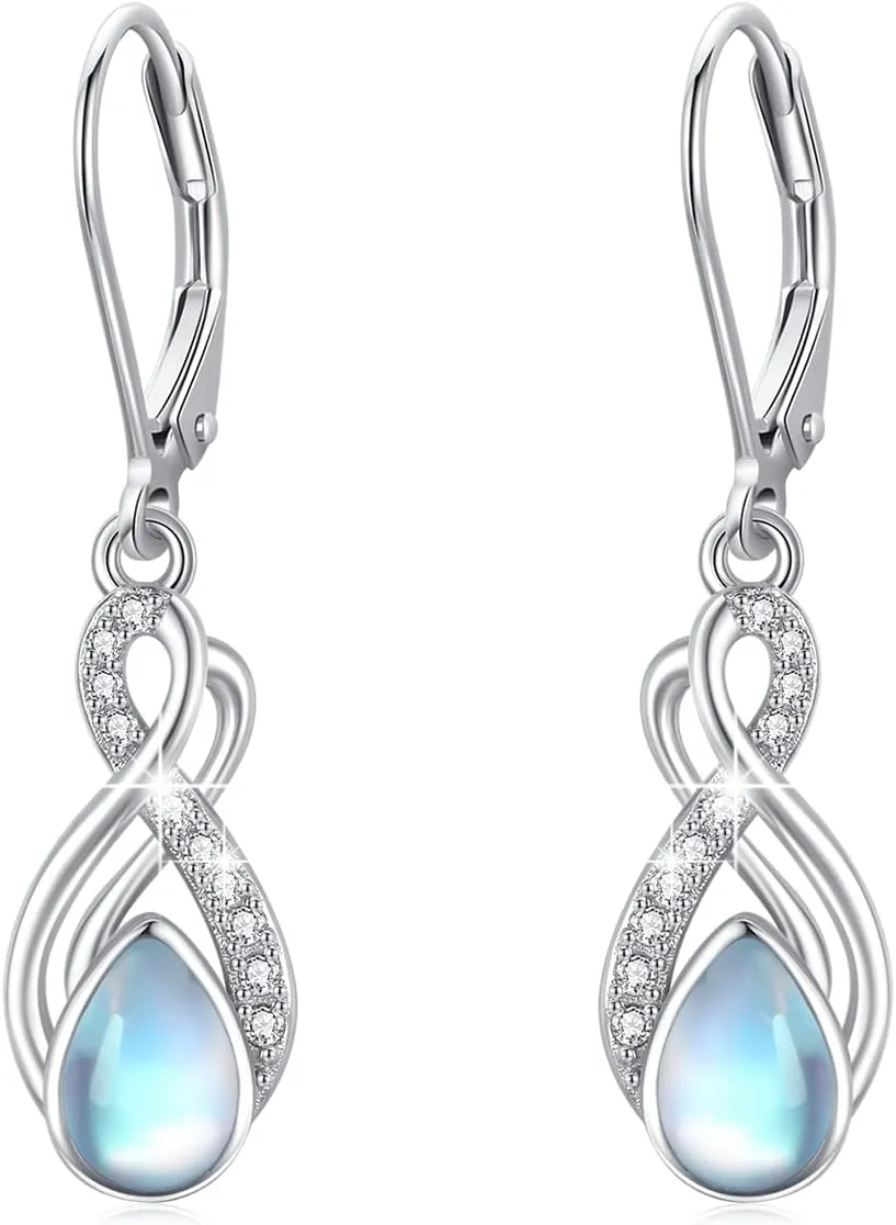 Infinity Earrings 925 Sterling Silver Moonstone Drop Dangle Earrings Infinity Leverback Earrings Faith Hope Jewelry Infinity Symbol Jewelry Halloween Gifts for Women
