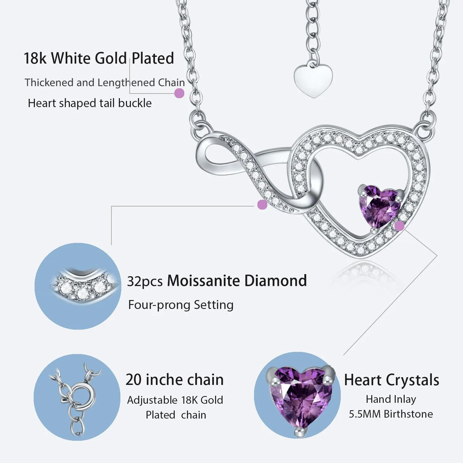 Infinity Heart Necklace for Women Moissanite Crystal Pendant Birthstone Jewelry Graduation Anniversary Birthday Gifts for Mother Sister Girlfriend Her