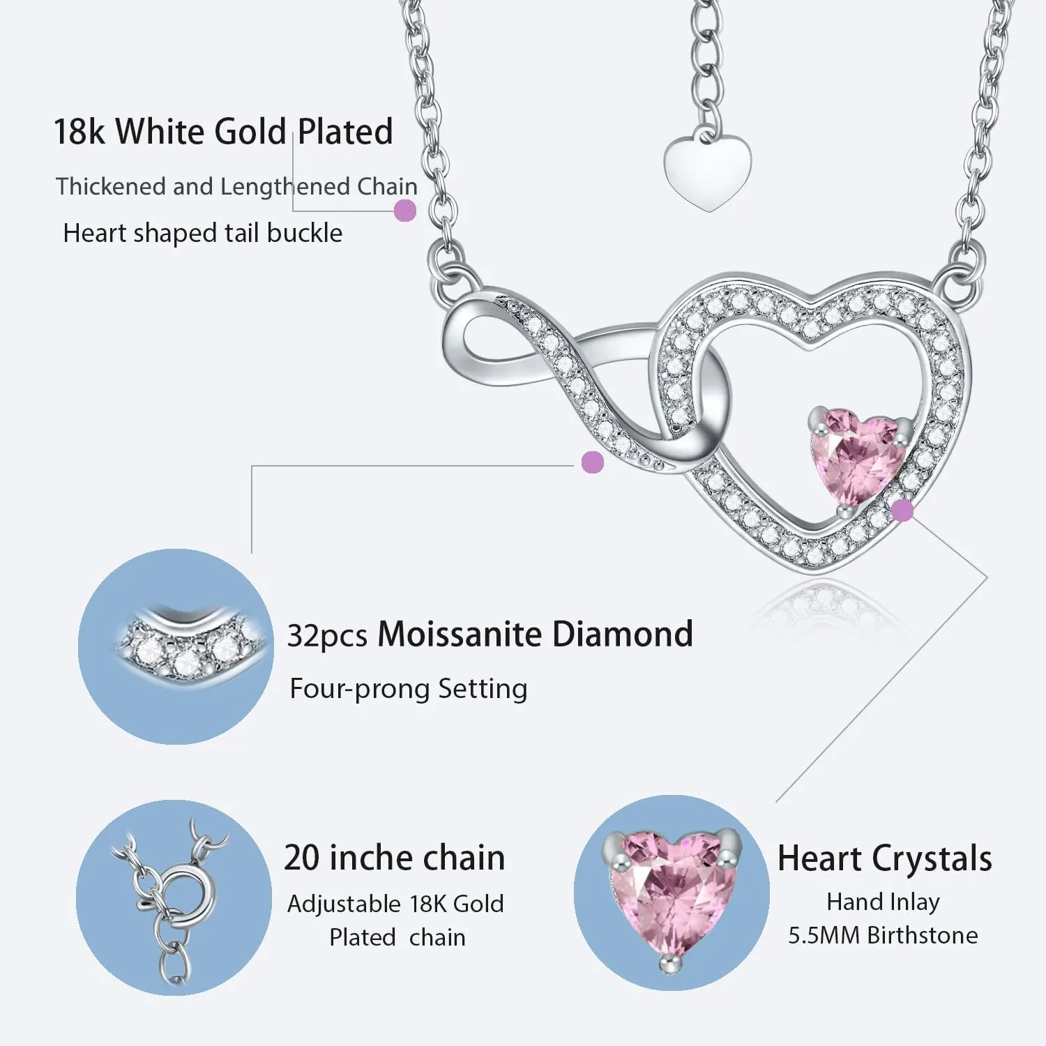 Infinity Heart Necklace for Women Moissanite Crystal Pendant Birthstone Jewelry Graduation Anniversary Birthday Gifts for Mother Sister Girlfriend Her
