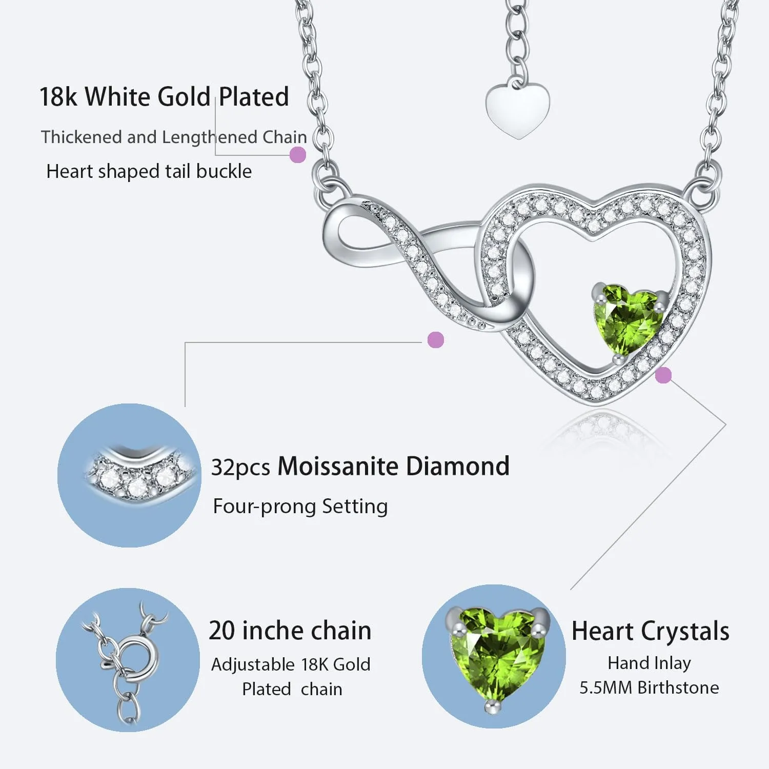 Infinity Heart Necklace for Women Moissanite Crystal Pendant Birthstone Jewelry Graduation Anniversary Birthday Gifts for Mother Sister Girlfriend Her