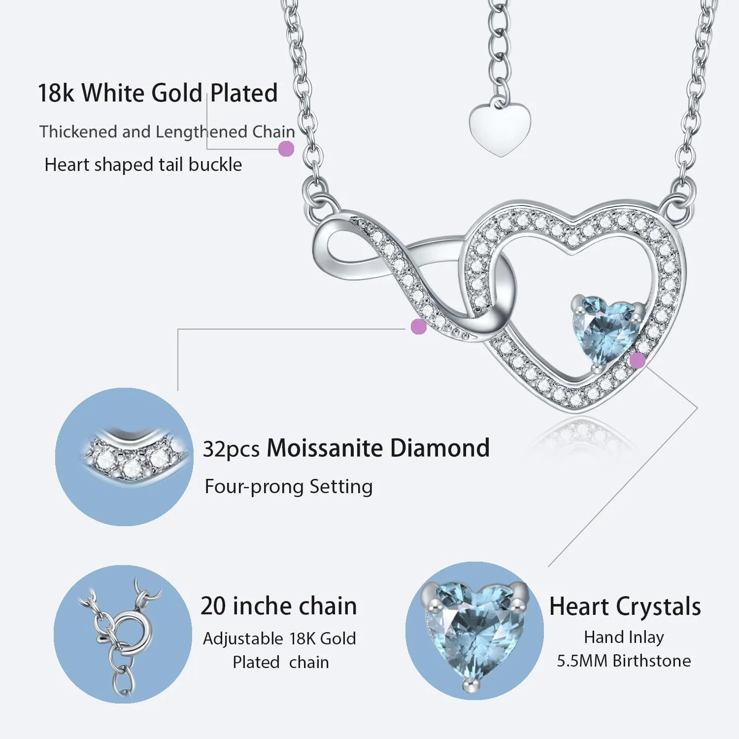 Infinity Heart Necklace for Women Moissanite Crystal Pendant Birthstone Jewelry Graduation Anniversary Birthday Gifts for Mother Sister Girlfriend Her