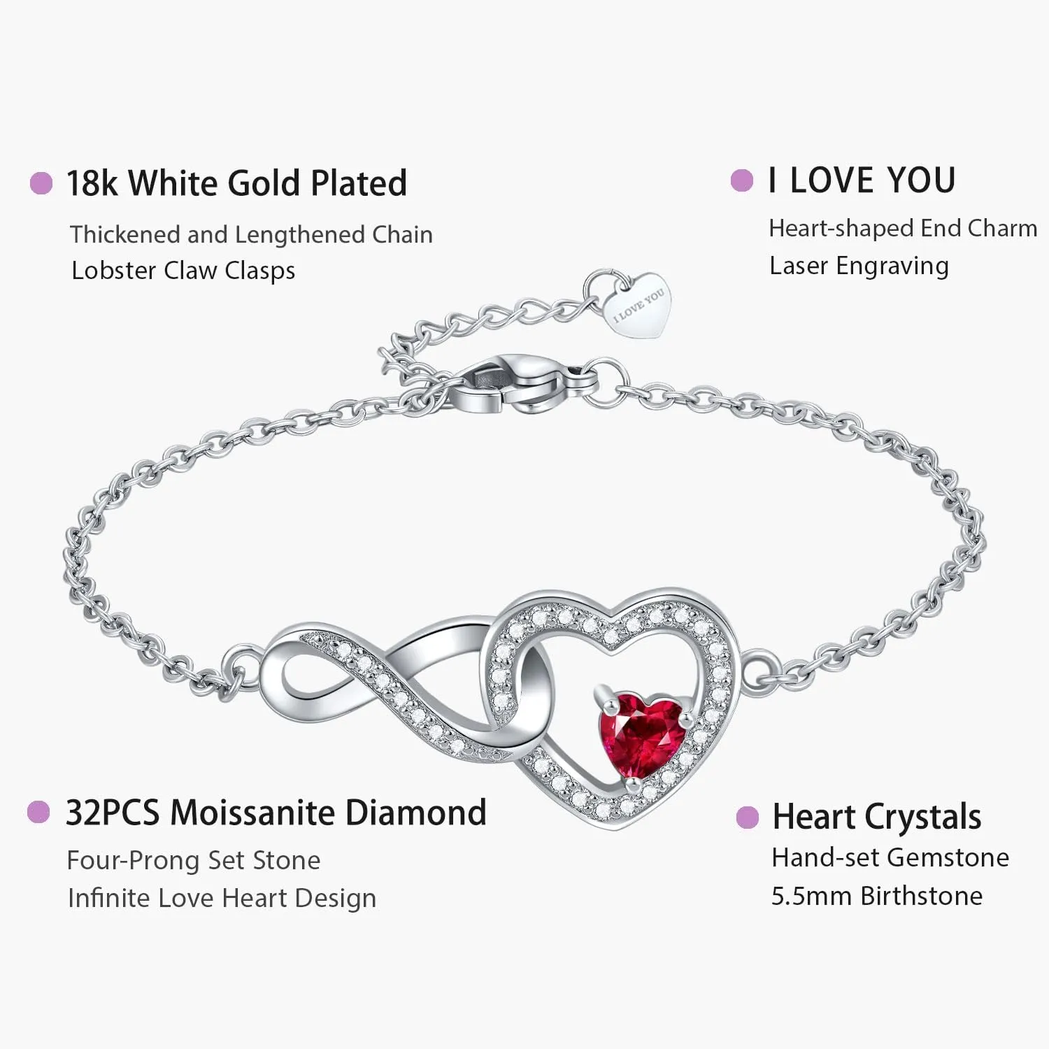 Infinity Love Heart Bracelet for women, Daughter Graduation Birthday Gift, Heart Crystal White Gold Plated Birthstone Jewelry for Mother Sister Girlfriend Her